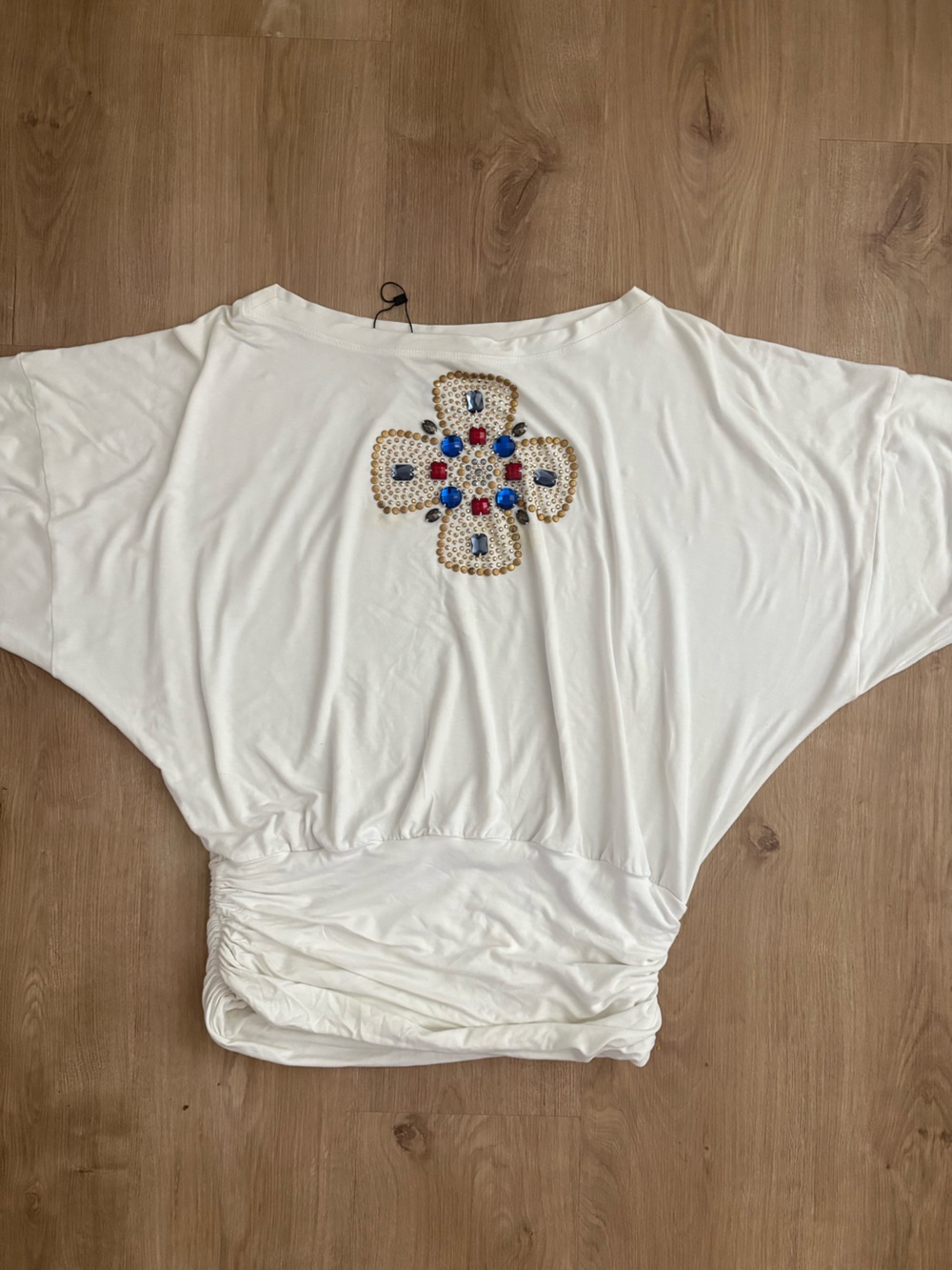 Vtg 90’s St. John White Embellished Batwing Top with Blue and Red Accents